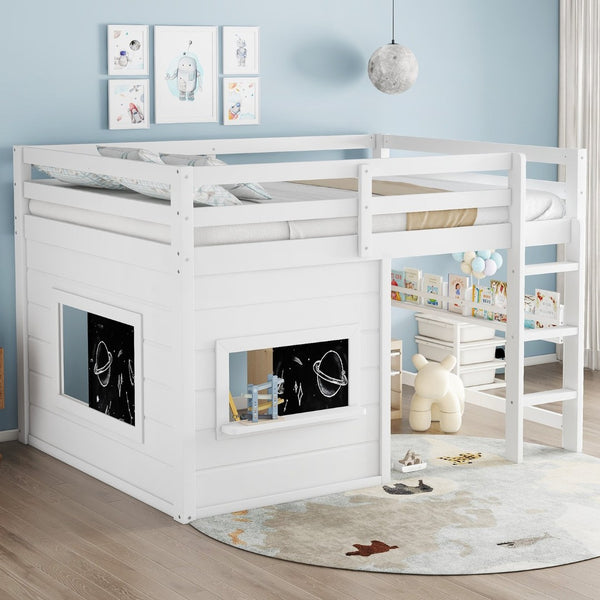 English Elm Full Size Pine Loft Bed with Sliding Chalkboard Bookshelf and Safety Rails for Kids W1580S00321