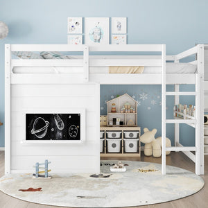 English Elm Full Size Pine Loft Bed with Sliding Chalkboard Bookshelf and Safety Rails for Kids W1580S00321