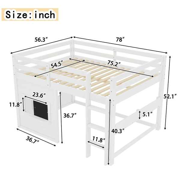 English Elm Full Size Pine Loft Bed with Sliding Chalkboard Bookshelf and Safety Rails for Kids W1580S00321