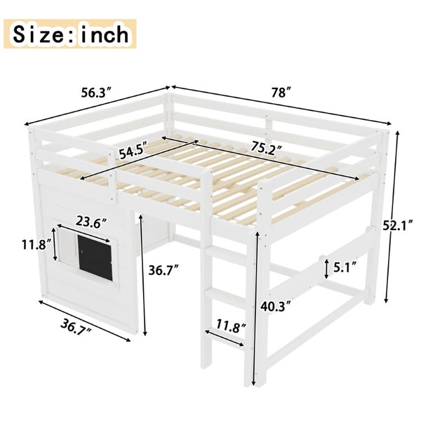 English Elm Full Size Kids Loft Bed Solid Pine Cabin Frame with Chalkboard Bookshelf Play Nook W1580S00321