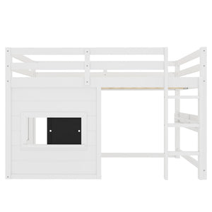 English Elm Full Size Pine Loft Bed with Sliding Chalkboard Bookshelf and Safety Rails for Kids W1580S00321