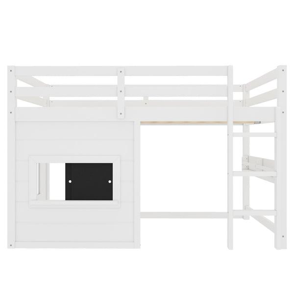 English Elm Full Size Pine Loft Bed with Sliding Chalkboard Bookshelf and Safety Rails for Kids W1580S00321