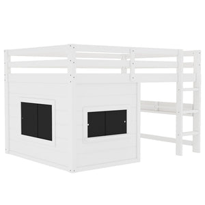 English Elm Full Size Pine Loft Bed with Sliding Chalkboard Bookshelf and Safety Rails for Kids W1580S00321