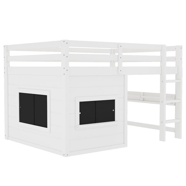 English Elm Full Size Pine Loft Bed with Sliding Chalkboard Bookshelf and Safety Rails for Kids W1580S00321