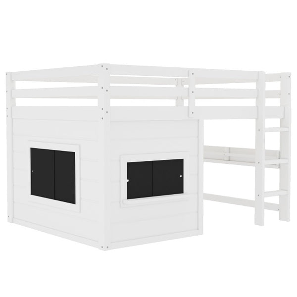 English Elm Full Size Kids Loft Bed Solid Pine Cabin Frame with Chalkboard Bookshelf Play Nook W1580S00321