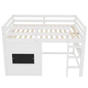 English Elm Full Size Pine Loft Bed with Sliding Chalkboard Bookshelf and Safety Rails for Kids W1580S00321