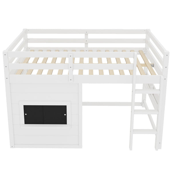 English Elm Full Size Pine Loft Bed with Sliding Chalkboard Bookshelf and Safety Rails for Kids W1580S00321