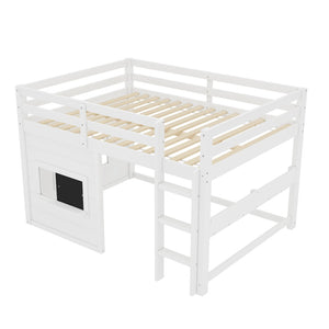 English Elm Full Size Pine Loft Bed with Sliding Chalkboard Bookshelf and Safety Rails for Kids W1580S00321