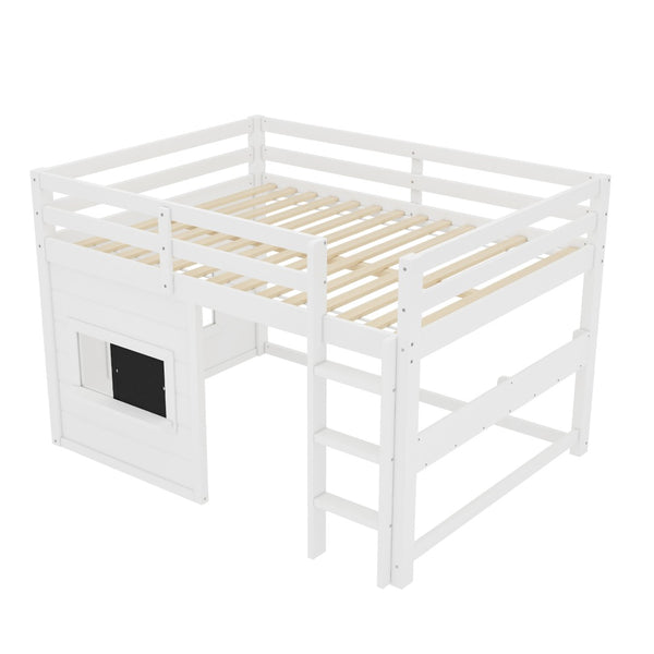 English Elm Full Size Pine Loft Bed with Sliding Chalkboard Bookshelf and Safety Rails for Kids W1580S00321