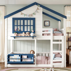 English Elm Twin House Bunk Bed Pine Wood Frame Kids Bedroom with Safety Rail and Bookshelf W1580S00323