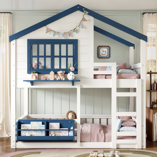 English Elm Twin House Bunk Bed Pine Wood Frame Kids Bedroom with Safety Rail and Bookshelf W1580S00323