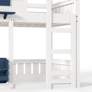 English Elm Twin House Bunk Bed Pine Wood Frame Kids Bedroom with Safety Rail and Bookshelf W1580S00323