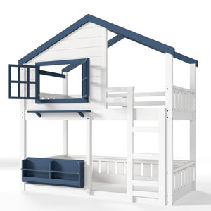 English Elm Twin House Bunk Bed Pine Wood Frame Kids Bedroom with Safety Rail and Bookshelf W1580S00323