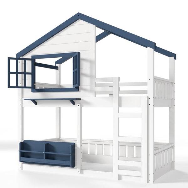 English Elm Twin House Bunk Bed Pine Wood Frame Kids Bedroom with Safety Rail and Bookshelf W1580S00323