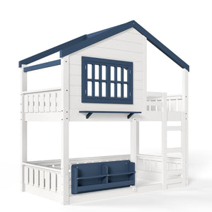 English Elm Twin House Bunk Bed Pine Wood Frame Kids Bedroom with Safety Rail and Bookshelf W1580S00323