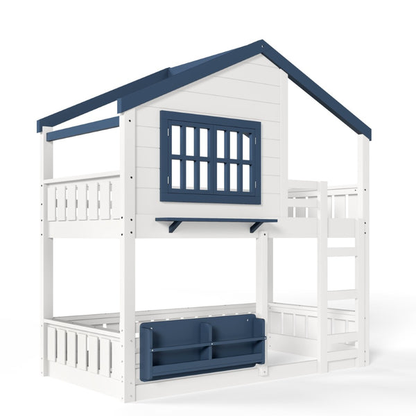 English Elm Twin House Bunk Bed Pine Wood Frame Kids Bedroom with Safety Rail and Bookshelf W1580S00323