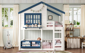 English Elm Twin House Bunk Bed Pine Wood Frame Kids Bedroom with Safety Rail and Bookshelf W1580S00323