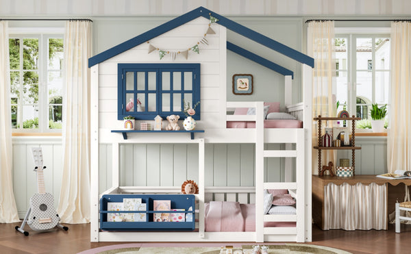 English Elm Twin House Bunk Bed Pine Wood Frame Kids Bedroom with Safety Rail and Bookshelf W1580S00323