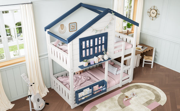 English Elm Twin House Bunk Bed Pine Wood Frame Kids Bedroom with Safety Rail and Bookshelf W1580S00323