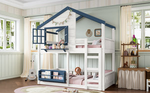 English Elm Twin House Bunk Bed Pine Wood Frame Kids Bedroom with Safety Rail and Bookshelf W1580S00323
