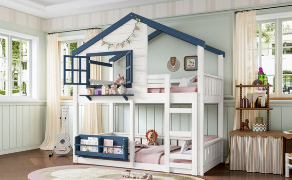 English Elm Twin House Bunk Bed Pine Wood Frame Kids Bedroom with Safety Rail and Bookshelf W1580S00323