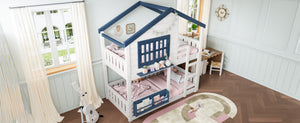 English Elm Twin House Bunk Bed Pine Wood Frame Kids Bedroom with Safety Rail and Bookshelf W1580S00323