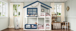 English Elm Twin House Bunk Bed Pine Wood Frame Kids Bedroom with Safety Rail and Bookshelf W1580S00323