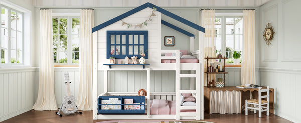 English Elm Twin House Bunk Bed Pine Wood Frame Kids Bedroom with Safety Rail and Bookshelf W1580S00323