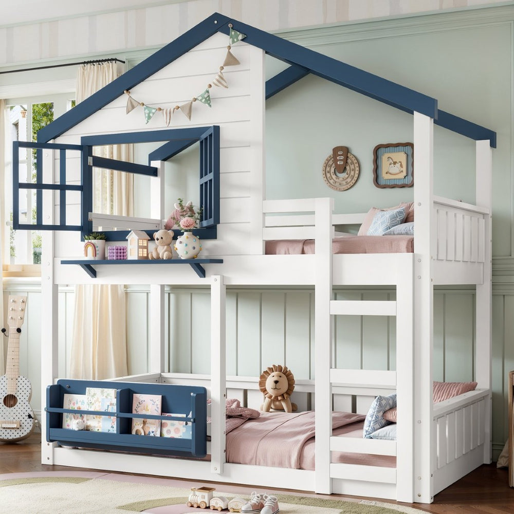 English Elm Twin House Bunk Bed Pine Wood Frame Kids Bedroom with Safety Rail and Bookshelf W1580S00323