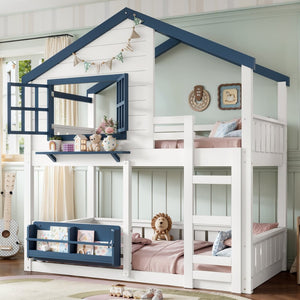 English Elm Twin House Bunk Bed Pine Wood Frame Kids Bedroom with Safety Rail and Bookshelf W1580S00323
