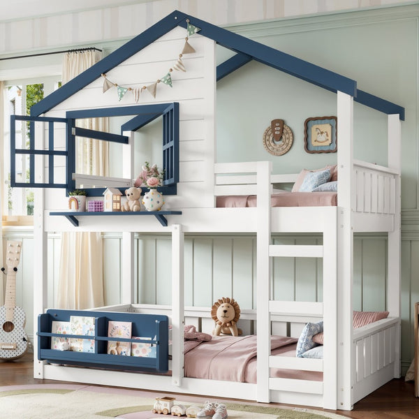 English Elm Twin House Bunk Bed Pine Wood Frame Kids Bedroom with Safety Rail and Bookshelf W1580S00323