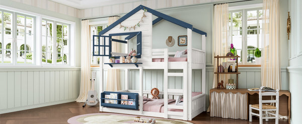 English Elm Twin House Bunk Bed Pine Wood Frame Kids Bedroom with Safety Rail and Bookshelf W1580S00323