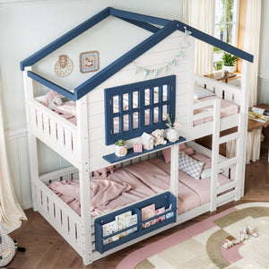 English Elm Twin House Bunk Bed Pine Wood Frame Kids Bedroom with Safety Rail and Bookshelf W1580S00323