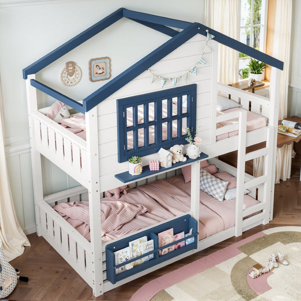 English Elm Twin House Bunk Bed Pine Wood Frame Kids Bedroom with Safety Rail and Bookshelf W1580S00323