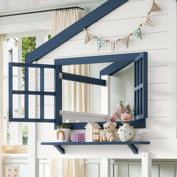 English Elm Twin House Bunk Bed Pine Wood Frame Kids Bedroom with Safety Rail and Bookshelf W1580S00323