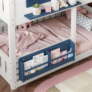 English Elm Twin House Bunk Bed Pine Wood Frame Kids Bedroom with Safety Rail and Bookshelf W1580S00323