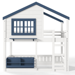 English Elm Twin House Bunk Bed Pine Wood Frame Kids Bedroom with Safety Rail and Bookshelf W1580S00323