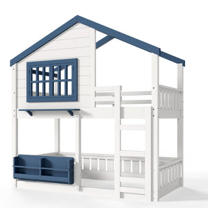 English Elm Twin House Bunk Bed Pine Wood Frame Kids Bedroom with Safety Rail and Bookshelf W1580S00323