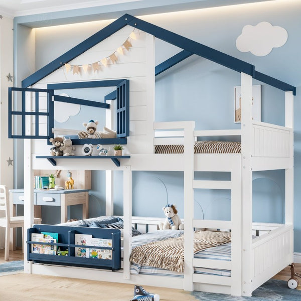 English Elm Full Size Pine Wood House Bunk Bed with Pitched Roof Bookshelf and Safety Rail W1580S00325