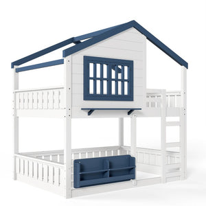 English Elm Full Size Pine Wood House Bunk Bed with Pitched Roof Bookshelf and Safety Rail W1580S00325