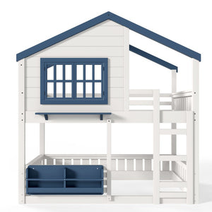 English Elm Full Size Pine Wood House Bunk Bed with Pitched Roof Bookshelf and Safety Rail W1580S00325