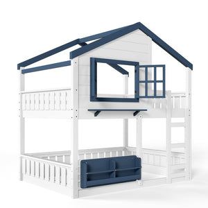 English Elm Full Size Pine Wood House Bunk Bed with Pitched Roof Bookshelf and Safety Rail W1580S00325