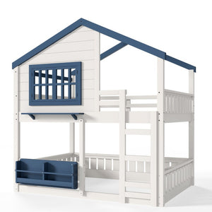 English Elm Full Size Pine Wood House Bunk Bed with Pitched Roof Bookshelf and Safety Rail W1580S00325