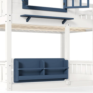 English Elm Full Size Pine Wood House Bunk Bed with Pitched Roof Bookshelf and Safety Rail W1580S00325