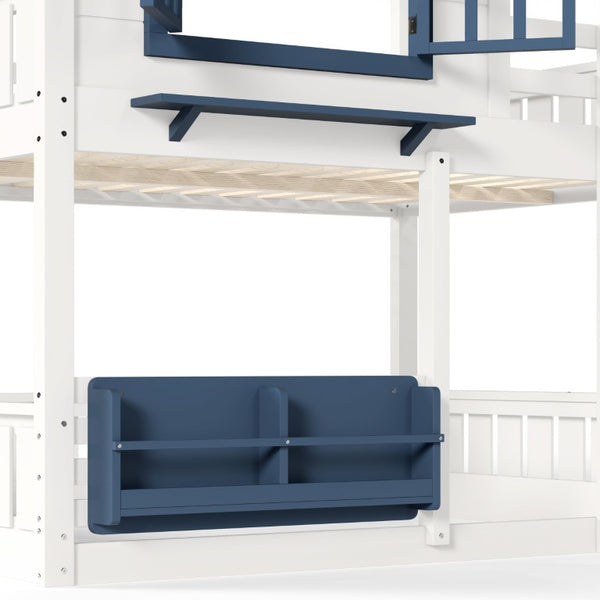 English Elm Full Size Pine Wood House Bunk Bed with Pitched Roof Bookshelf and Safety Rail W1580S00325