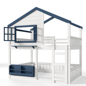 English Elm Full Size Pine Wood House Bunk Bed with Pitched Roof Bookshelf and Safety Rail W1580S00325