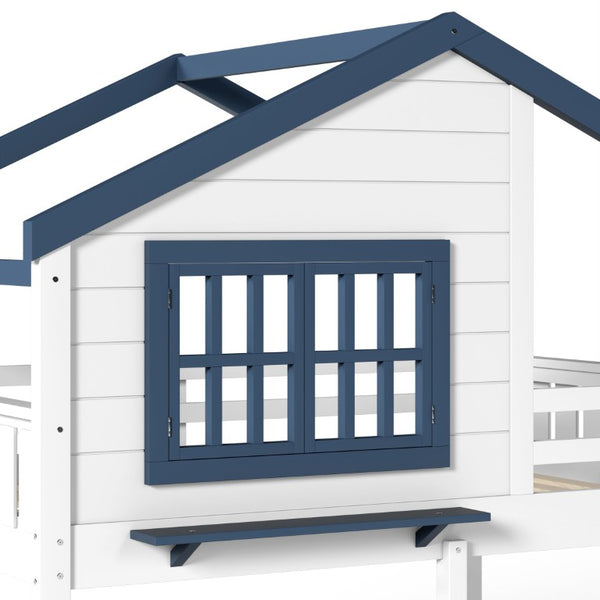 English Elm Full Size Pine Wood House Bunk Bed with Pitched Roof Bookshelf and Safety Rail W1580S00325