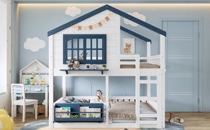 English Elm Full Size Pine Wood House Bunk Bed with Pitched Roof Bookshelf and Safety Rail W1580S00325