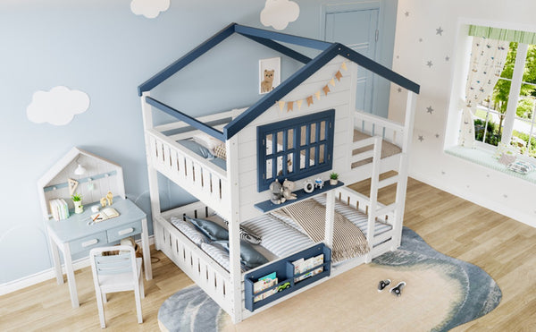 English Elm Full Size Pine Wood House Bunk Bed with Pitched Roof Bookshelf and Safety Rail W1580S00325