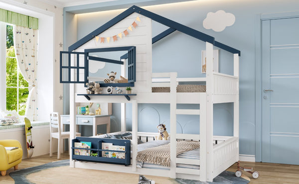English Elm Full Size Pine Wood House Bunk Bed with Pitched Roof Bookshelf and Safety Rail W1580S00325
